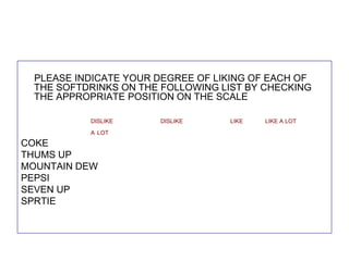 PLEASE INDICATE YOUR DEGREE OF LIKING OF EACH OF
THE SOFTDRINKS ON THE FOLLOWING LIST BY CHECKING
THE APPROPRIATE POSITION ON THE SCALE
DISLIKE
A LOT

COKE
THUMS UP
MOUNTAIN DEW
PEPSI
SEVEN UP
SPRTIE

DISLIKE

LIKE

LIKE A LOT

 