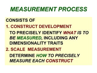 MEASUREMENT PROCESS
CONSISTS OF
1. CONSTRUCT DEVELOPMENT
TO PRECISELY IDENTIFY WHAT IS TO
BE MEASURED, INCLUDING ANY
DIMENSIONALITY TRAITS
2. SCALE MEASUREMENT
DETERMINE HOW TO PRECISELY
MEASURE EACH CONSTRUCT

 