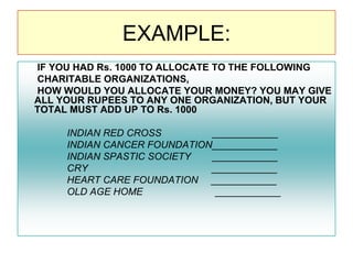 EXAMPLE:
IF YOU HAD Rs. 1000 TO ALLOCATE TO THE FOLLOWING
CHARITABLE ORGANIZATIONS,
HOW WOULD YOU ALLOCATE YOUR MONEY? YOU MAY GIVE
ALL YOUR RUPEES TO ANY ONE ORGANIZATION, BUT YOUR
TOTAL MUST ADD UP TO Rs. 1000
INDIAN RED CROSS
____________
INDIAN CANCER FOUNDATION____________
INDIAN SPASTIC SOCIETY
____________
CRY
____________
HEART CARE FOUNDATION ____________
OLD AGE HOME
____________

 