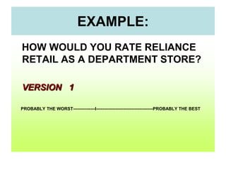EXAMPLE:
HOW WOULD YOU RATE RELIANCE
RETAIL AS A DEPARTMENT STORE?
VERSION 1
PROBABLY THE WORST---------------I---------------------------------------PROBABLY THE BEST

 