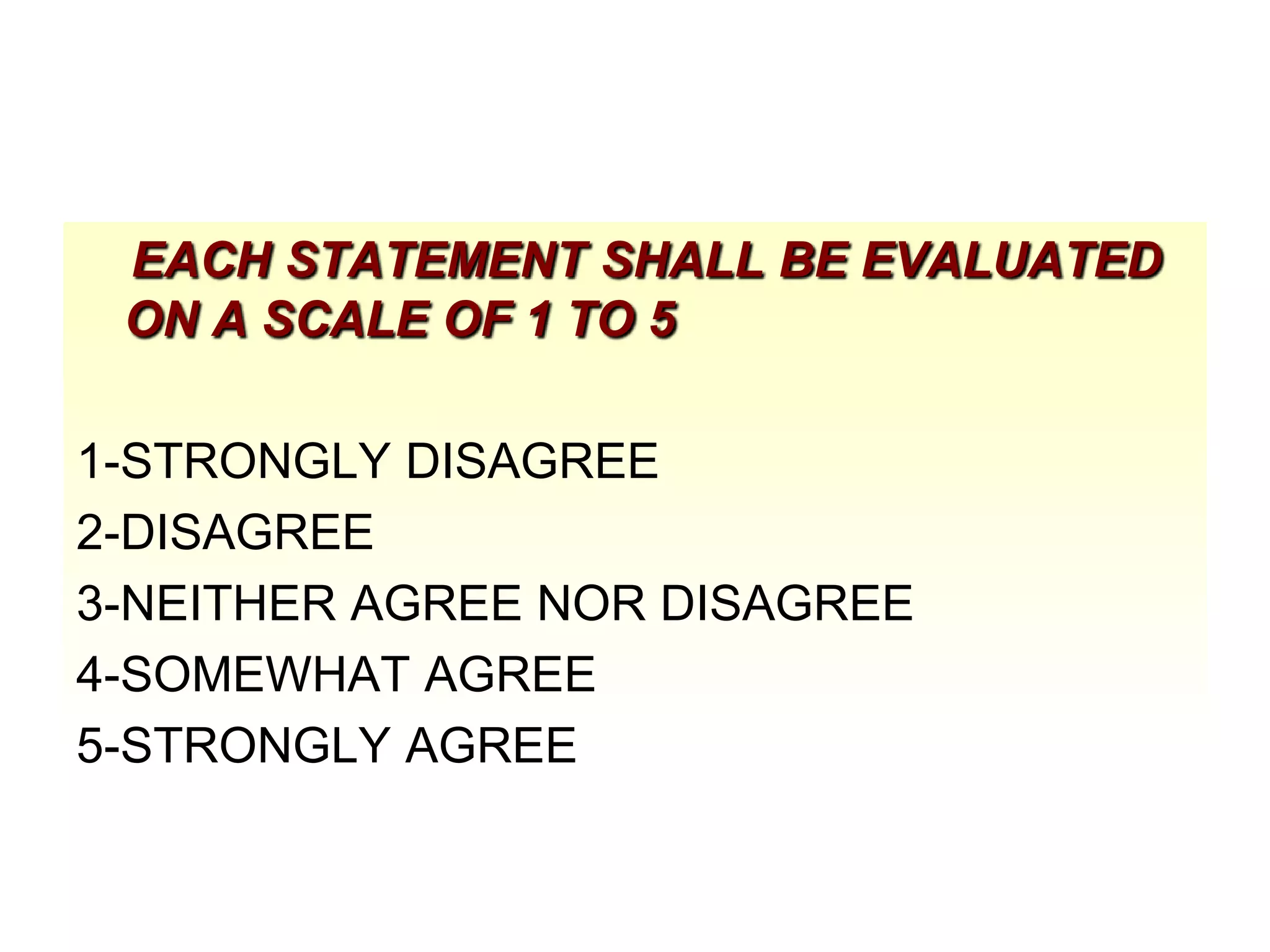 EACH STATEMENT SHALL BE EVALUATED
ON A SCALE OF 1 TO 5
1-STRONGLY DISAGREE
2-DISAGREE
3-NEITHER AGREE NOR DISAGREE
4-SOMEWHAT AGREE
5-STRONGLY AGREE

 