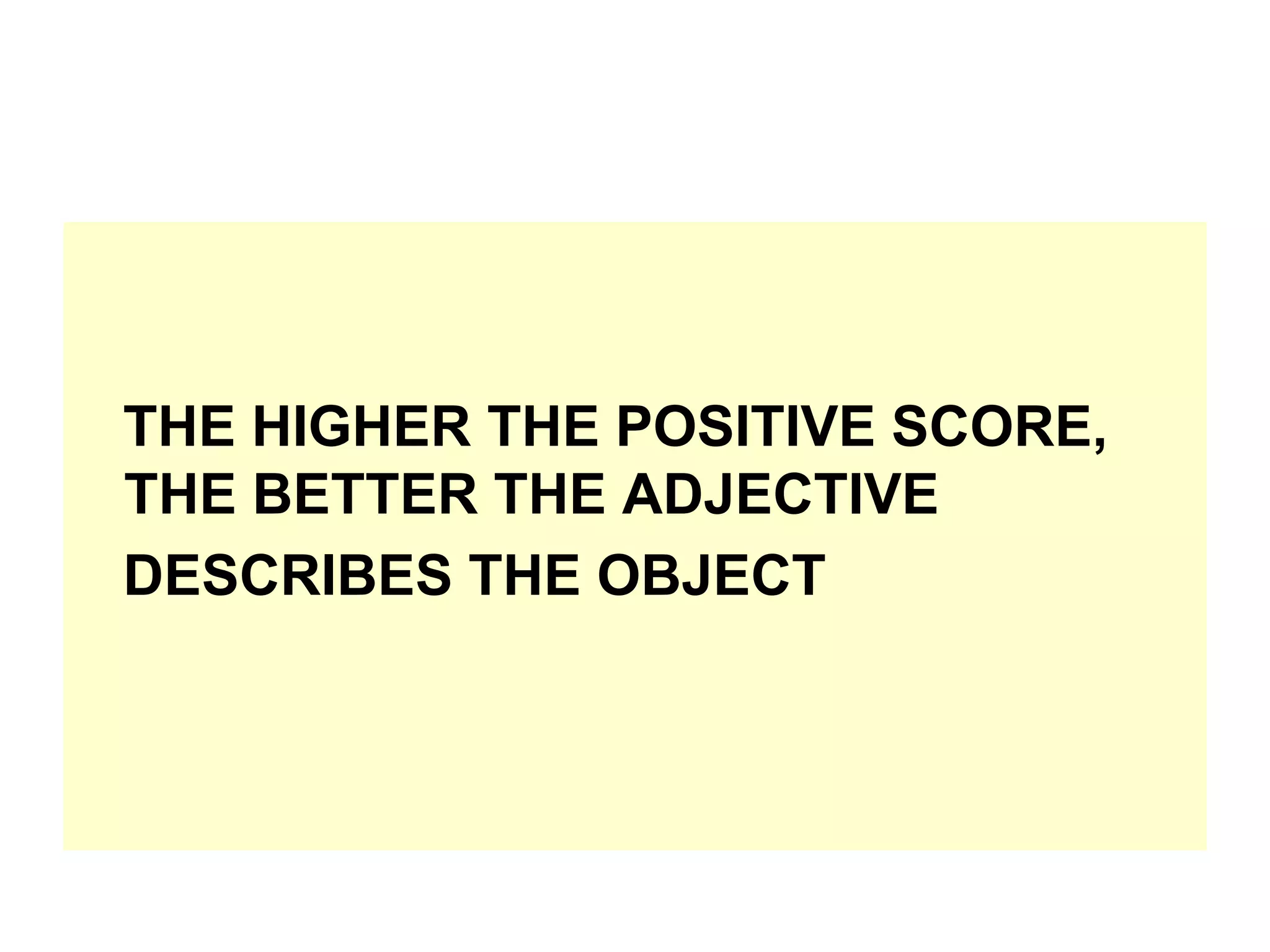 THE HIGHER THE POSITIVE SCORE,
THE BETTER THE ADJECTIVE
DESCRIBES THE OBJECT

 