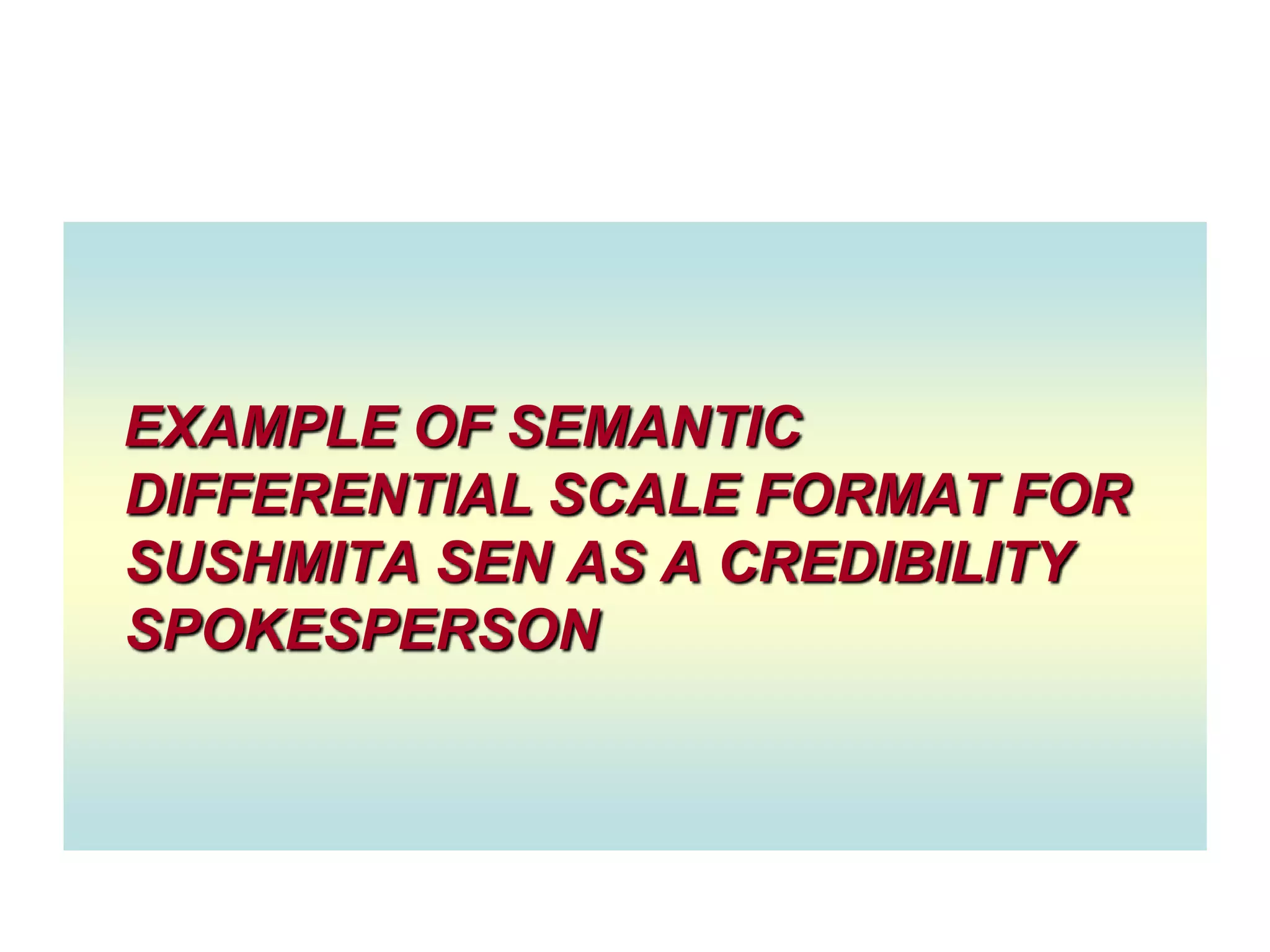 EXAMPLE OF SEMANTIC
DIFFERENTIAL SCALE FORMAT FOR
SUSHMITA SEN AS A CREDIBILITY
SPOKESPERSON

 
