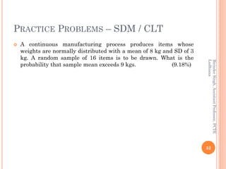 PRACTICE PROBLEMS – SDM / CLT
 A continuous manufacturing process produces items whose
weights are normally distributed with a mean of 8 kg and SD of 3
kg. A random sample of 16 items is to be drawn. What is the
probability that sample mean exceeds 9 kgs. (9.18%)
32
BirinderSingh,AssistantProfessor,PCTE
Ludhiana
 
