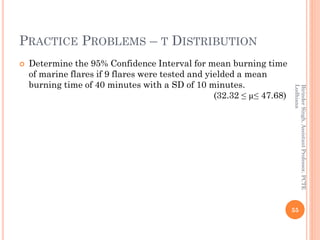 PRACTICE PROBLEMS – T DISTRIBUTION
 Determine the 95% Confidence Interval for mean burning time
of marine flares if 9 flares were tested and yielded a mean
burning time of 40 minutes with a SD of 10 minutes.
(32.32 ≤ µ≤ 47.68)
55
BirinderSingh,AssistantProfessor,PCTE
Ludhiana
 