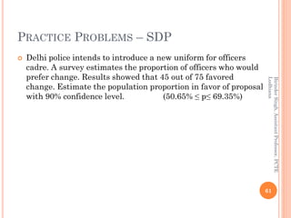PRACTICE PROBLEMS – SDP
 Delhi police intends to introduce a new uniform for officers
cadre. A survey estimates the proportion of officers who would
prefer change. Results showed that 45 out of 75 favored
change. Estimate the population proportion in favor of proposal
with 90% confidence level. (50.65% ≤ p≤ 69.35%)
61
BirinderSingh,AssistantProfessor,PCTE
Ludhiana
 