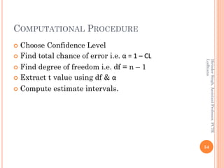 COMPUTATIONAL PROCEDURE
 Choose Confidence Level
 Find total chance of error i.e. α = 1 – CL
 Find degree of freedom i....