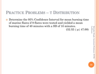 PRACTICE PROBLEMS – T DISTRIBUTION
 Determine the 95% Confidence Interval for mean burning time
of marine flares if 9 fla...