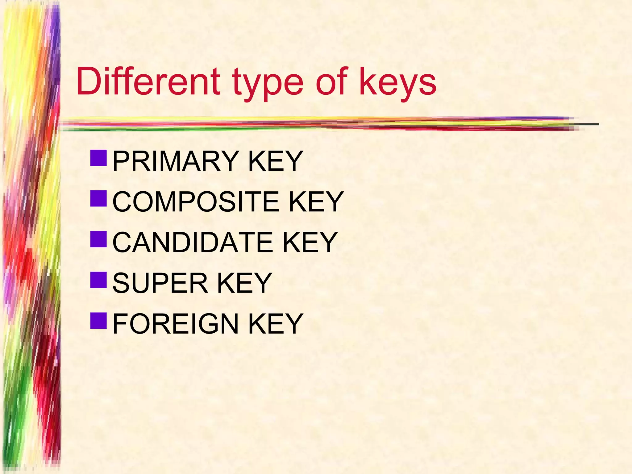Different type of keys
 PRIMARY KEY
 COMPOSITE KEY
 CANDIDATE KEY
 SUPER KEY
 FOREIGN KEY
 