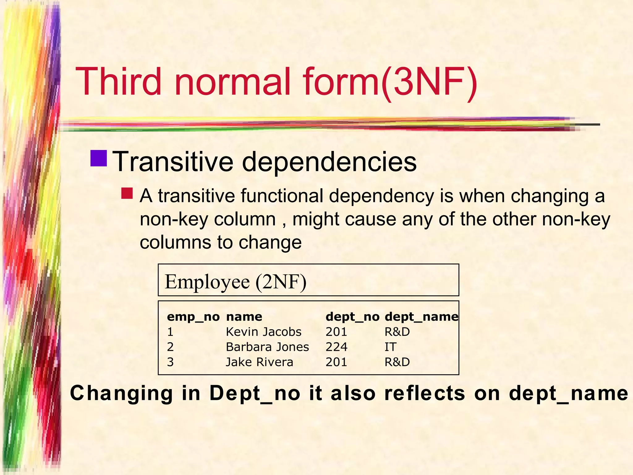 Third normal form(3NF)
  Transitive dependencies
     A transitive functional dependency is when changing a
      non-key column , might cause any of the other non-key
      columns to change
        Employee (2NF)
         emp_no   name            dept_no   dept_name
         1        Kevin Jacobs    201       R&D
         2        Barbara Jones   224       IT
         3        Jake Rivera     201       R&D

Changing in Dept_no it also reflects on dept_name
 