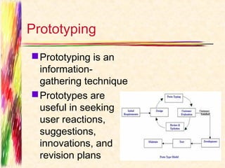 Prototyping
 Prototyping is an
  information-
  gathering technique
 Prototypes are
  useful in seeking
  user reactions,
  suggestions,
  innovations, and
  revision plans
 