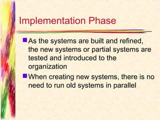 Implementation Phase
 As the systems are built and refined,
  the new systems or partial systems are
  tested and introduced to the
  organization
 When creating new systems, there is no
  need to run old systems in parallel
 