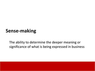 Sense-making The ability to determine the deeper meaning or significance of what is being expressed in business  