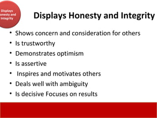 Displays Honesty and Integrity Shows concern and consideration for others  Is trustworthy  Demonstrates optimism  Is assertive Inspires and motivates others  Deals well with ambiguity  Is decisive Focuses on results  Displays Honesty and Integrity 