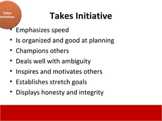 Takes Initiative Emphasizes speed  Is organized and good at planning  Champions others  Deals well with ambiguity  Inspires and motivates others  Establishes stretch goals  Displays honesty and integrity  Takes Initiatives 