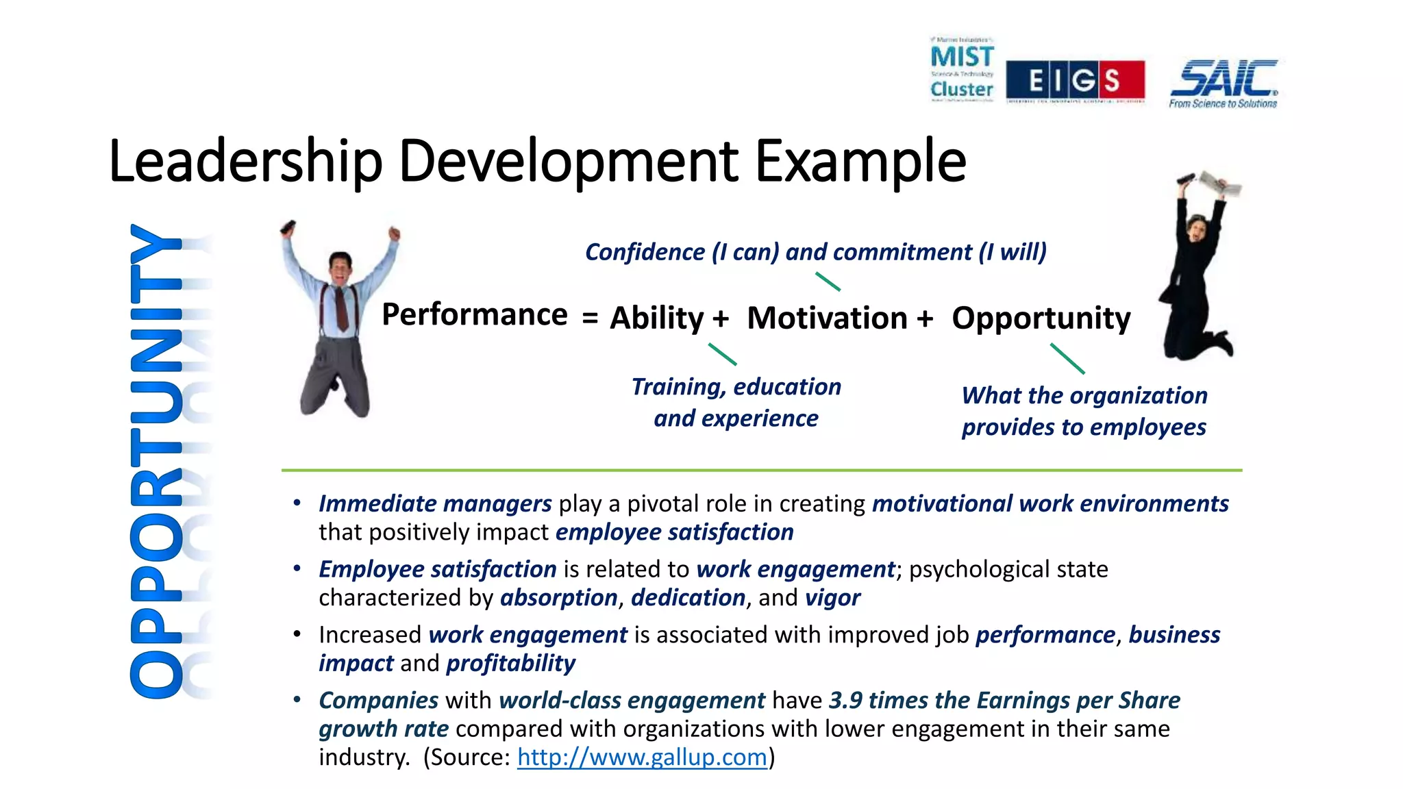 Leadership Development Example
• Immediate managers play a pivotal role in creating motivational work environments
that positively impact employee satisfaction
• Employee satisfaction is related to work engagement; psychological state
characterized by absorption, dedication, and vigor
• Increased work engagement is associated with improved job performance, business
impact and profitability
• Companies with world-class engagement have 3.9 times the Earnings per Share
growth rate compared with organizations with lower engagement in their same
industry. (Source: http://www.gallup.com)
Performance Ability + Motivation + Opportunity
Training, education
and experience
Confidence (I can) and commitment (I will)
What the organization
provides to employees
=
 