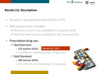 Results (1): Descriptives

• Response rate questionnaire 72% (n=777)
• 560 women were included
     Pharmacy records not available for 55 women (8%)
     Gold Standard not yet available for 162 women (21%)

• Prescription drug use:
     Questionnaire:
        o 233 women (42%)       Sensitivity: 59%
        o 129 different individual drugs / drug groups
     Gold Standard:
        o 389 women (69%)
        o 221 different individual drugs / drug groups
 
