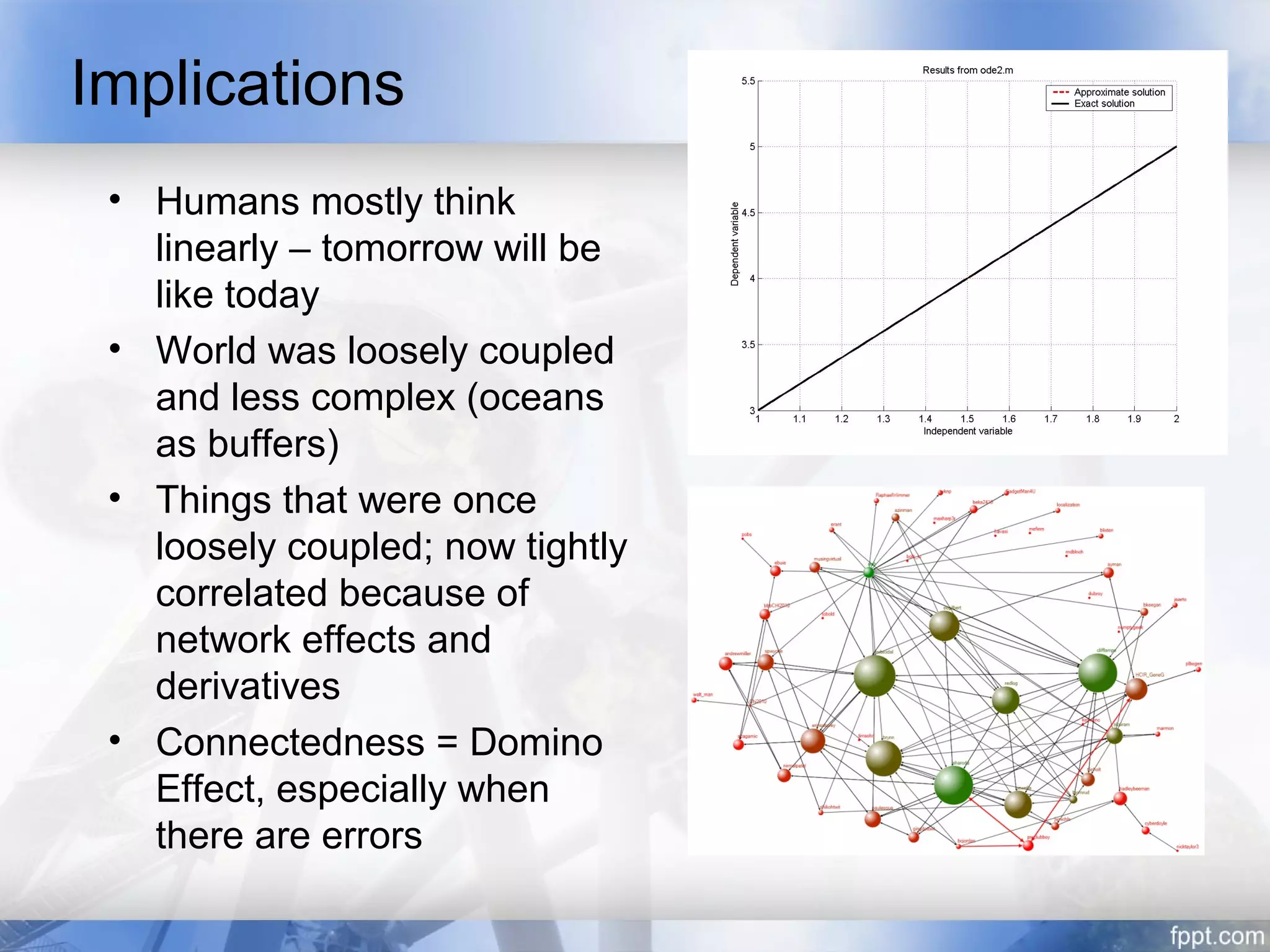 Implications
 • Humans mostly think
   linearly – tomorrow will be
   like today
 • World was loosely coupled
   and less complex (oceans
   as buffers)
 • Things that were once
   loosely coupled; now tightly
   correlated because of
   network effects and
   derivatives
 • Connectedness = Domino
   Effect, especially when
   there are errors
 