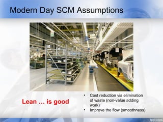 Modern Day SCM Assumptions




                   •   Cost reduction via elimination
  Lean … is good       of waste (non-value adding
                       work)
                   •   Improve the flow (smoothness)
 