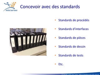 Concevoir avec des standards

                • Standards de procédés

                • Standards d’interfaces

                • Standards de pièces

                • Standards de dessin

                • Standards de tests

                • Etc.

                    © Copyright Institut Lean France. Textes et illustrations tous droits réservés
 