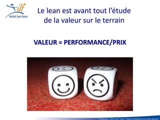 Le lean est avant tout l’étude
  de la valeur sur le terrain

VALEUR = PERFORMANCE/PRIX




                   © Copyright Institut Lean France. Textes et illustrations tous droits réservés
 