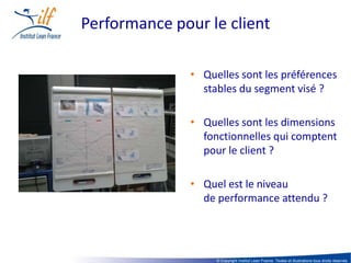 Performance pour le client

               • Quelles sont les préférences
                 stables du segment visé ?

               • Quelles sont les dimensions
                 fonctionnelles qui comptent
                 pour le client ?

               • Quel est le niveau
                 de performance attendu ?




                    © Copyright Institut Lean France. Textes et illustrations tous droits réservés
 