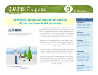 SEPTEMBER 2014 
Consistent, connected, considered, concise: 4Cs to reach connected audiences Career Opportunities SINGAPORE Director – Media and Digital Account Director – Quant Account Manager – Quant MALAYSIA Account Director – Quant Account Manager – Quant THAILAND Group Account Director – Quant Associate Account Director – Qual INDONESIA Group Account Director – Quant Account Manager – Quant Account Director – Qual Account Manager – Qual PM Manager – Quant PHILIPPINES Associate Director – Media and Digital Account Director – Quant 
Asia Pacific is leading the way when it comes to transformation of media consumption and communication habits, courtesy proliferation of mobile. Millward Brown’s recently released annual study AdReaction gives insights into how consumers are spending time between different screens and how the trends vary between regions. 
Speaking at the relaunch event of Digital Market Asia in Singapore, Priti Mehra, MD, Millward Brown Singapore informed that the screen time in APAC higher (at 7.19 hours a day). 
One of the reasons contributing to the high daily screen usage, is the high number of digital devices driving the difference between APAC and the global average. 
When observed closely, markets such as Indonesia and Philippines lead screen time (over 9 hours). One of the lowest in Asia would be Japan that is at around 5 hours a day, which is still high in comparison to some of the other markets globally. 
- See more at: Digital Market Asia 
- More about AdReaction 2014: Millward Brown 
 