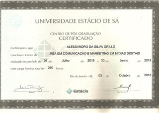 Certificado MBA em Comunicação e Marketing em Midias Digitais - Alessandro Grillo
