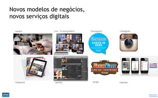 Novos modelos de negócios,
novos serviços digitais

 •   square      •   cnn - tv everywhere   •   foursquare       •   instagram




 •   flipboard       •   spotify                •   zynga   •       topshop




                                                                                Produzido por
                                                                                @IvandeSouza
 