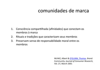 comunidades	
  de	
  marca	
  


1.  Consciência	
  comparNlhada	
  (aﬁnidades)	
  que	
  conectam	
  os	
  
    membros	
  à	
  marca	
  
2.  Rituais	
  e	
  tradições	
  que	
  caracterizam	
  seus	
  membros	
  
3.  Preservam	
  senso	
  de	
  responsabilidade	
  moral	
  entre	
  os	
  
    membros	
  



                                            MUNIZ,	
  Albert	
  &	
  O’GUINN,	
  Thomas.	
  Brand	
  
                                            Community.	
  Journal	
  of	
  Consumer	
  Research,	
  
                                            Vol.	
  27,	
  March	
  2001	
  
 
