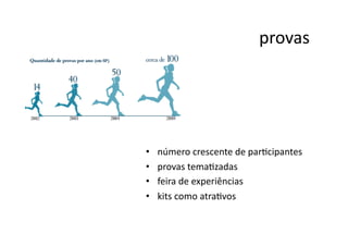 provas	
  




•    número	
  crescente	
  de	
  parNcipantes	
  
•    provas	
  temaNzadas	
  
•    feira	
  de	
  experiências	
  
•    kits	
  como	
  atraNvos	
  
 
