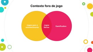 Contexto fora de jogo
Gamification
Jogos para o
entretenimento
Jogos
Sérios
 
