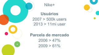 Nike+
Usuários
2007 > 500k users
2013 > 11mi user
Parcela de mercado
2006 > 47%
2009 > 61%
 