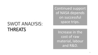 SWOT ANALYSIS:
THREATS
Continued support
of NASA depends
on successful
space trips.
Increase in the
cost of raw
material, labour
and R&D.
11
 