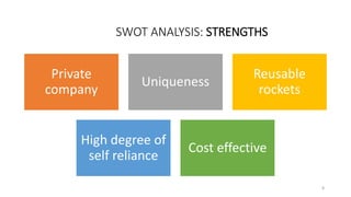 SWOT ANALYSIS: STRENGTHS
Private
company
Uniqueness
Reusable
rockets
High degree of
self reliance
Cost effective
8
 