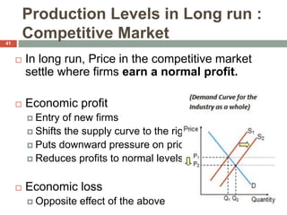 Production Levels in Long run :
Competitive Market
 In long run, Price in the competitive market
settle where firms earn a normal profit.
 Economic profit
 Entry of new firms
 Shifts the supply curve to the right
 Puts downward pressure on price
 Reduces profits to normal levels
 Economic loss
 Opposite effect of the above
41
 