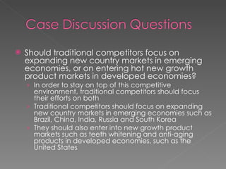 Should traditional competitors focus on expanding new country markets in emerging economies, or on entering hot new growth product markets in developed economies? In order to stay on top of this competitive environment, traditional competitors should focus their efforts on both Traditional competitors should focus on expanding new country markets in emerging economies such as Brazil, China, India, Russia and South Korea They should also enter into new growth product markets such as teeth whitening and anti-aging products in developed economies, such as the United States 