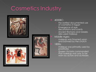 4000BC:  the earliest documented use of cosmetics in Egypt Emergence of eye decorations and scents Ancient Romans and Greeks also used makeup Middle Ages:  makeup was frowned upon and banned by the church 1800s:  makeup was primarily used by prostitutes Queen Victoria commanded that makeup was only to be worn by actors and actresses 