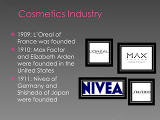 1909: L’Oreal of France was founded 1910: Max Factor and Elizabeth Arden were founded in the United States 1911: Nivea of Germany and Shishedo of Japan were founded 