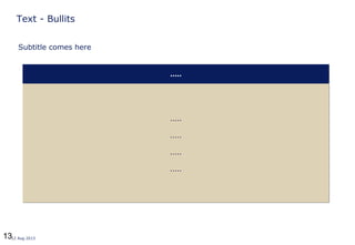1312 Aug 2013
Text - Bullits
.....
.....
.....
.....
.....
.....
.....
.....
..........
Subtitle comes here
 