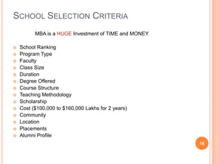 SCHOOL SELECTION CRITERIA
          MBA is a HUGE Investment of TIME and MONEY

   School Ranking
   Program Type
   Faculty
   Class Size
   Duration
   Degree Offered
   Course Structure
   Teaching Methodology
   Scholarship
   Cost ($100,000 to $160,000 Lakhs for 2 years)
   Community
   Location
   Placements
   Alumni Profile
                                                       16
 