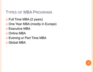 TYPES OF MBA PROGRAMS
 Full Time MBA (2 years)
 One Year MBA (mostly in Europe)

 Executive MBA

 Online MBA

 Evening or Part Time MBA

 Global MBA




                                    5
 