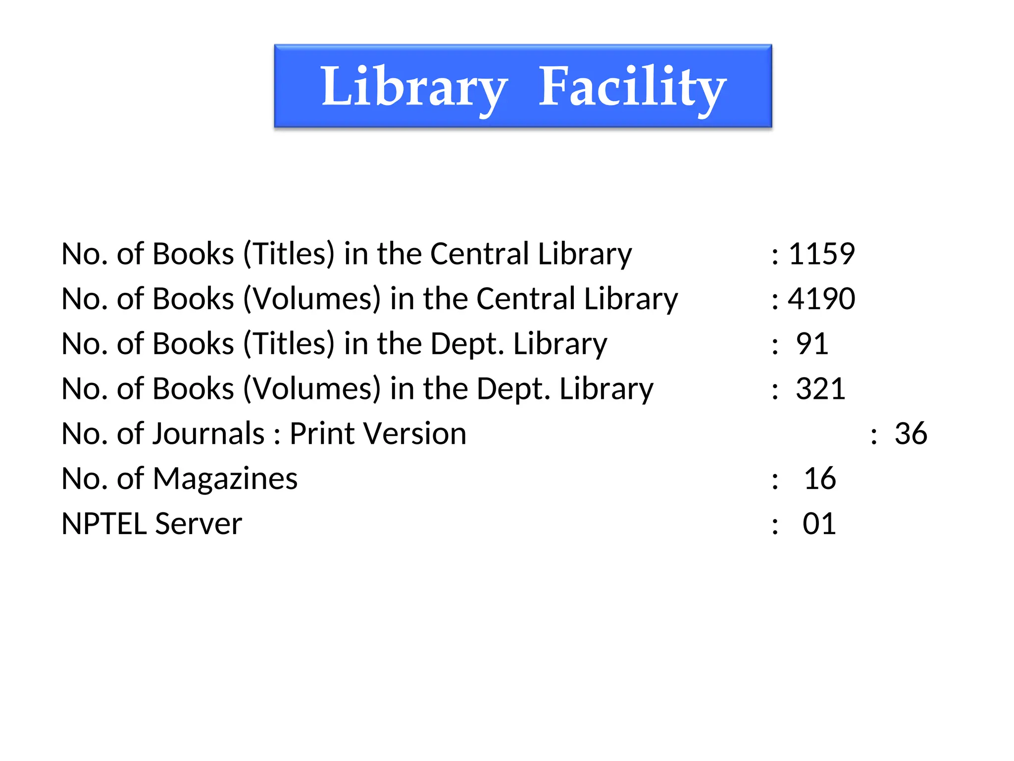 Library Facility
No. of Books (Titles) in the Central Library : 1159
No. of Books (Volumes) in the Central Library : 4190
No. of Books (Titles) in the Dept. Library : 91
No. of Books (Volumes) in the Dept. Library : 321
No. of Journals : Print Version : 36
No. of Magazines : 16
NPTEL Server : 01
 