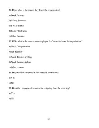 105
29. If yes what is the reason they leave the organization?
a) Work Pressure
b) Salary Structure
c) Boss is Partial
d) Family Problems
e) Other Reasons
30. If No what is the main reason employee don’t want to leave the organization?
a) Good Compensation
b) Job Security
c) Work Timings are less
d) Work Pressure is less
e) Other reasons
31. Do you think company is able to retain employees?
a) Yes
b) No
32. Does the company ask reasons for resigning from the company?
a) Yes
b) No
 