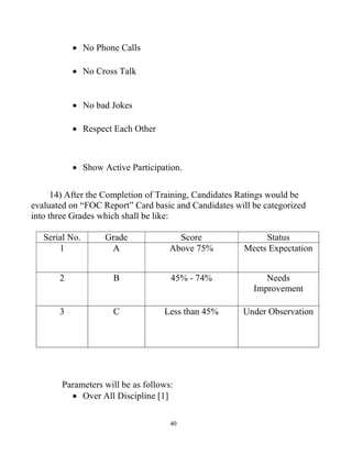 40
 No Phone Calls
 No Cross Talk
 No bad Jokes
 Respect Each Other
 Show Active Participation.
14) After the Completion of Training, Candidates Ratings would be
evaluated on “FOC Report” Card basic and Candidates will be categorized
into three Grades which shall be like:
Serial No. Grade Score Status
1 A Above 75% Meets Expectation
2 B 45% - 74% Needs
Improvement
3 C Less than 45% Under Observation
Parameters will be as follows:
 Over All Discipline [1]
 