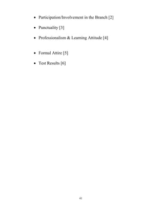 41
 Participation/Involvement in the Branch [2]
 Punctuality [3]
 Professionalism & Learning Attitude [4]
 Formal Attire [5]
 Test Results [6]
 