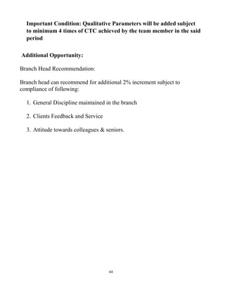 44
Important Condition: Qualitative Parameters will be added subject
to minimum 4 times of CTC achieved by the team member in the said
period
Additional Opportunity:
Branch Head Recommendation:
Branch head can recommend for additional 2% increment subject to
compliance of following:
1. General Discipline maintained in the branch
2. Clients Feedback and Service
3. Attitude towards colleagues & seniors.
 