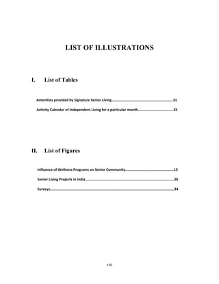 LIST OF ILLUSTRATIONS
I. List of Tables
Amenities provided by Signature Senior Living…………………………………………………………31
Activity Calendar of Independent Living for a particular month………………………………..35
II. List of Figures
Influence of Wellness Programs on Senior Community…………………………………………….15
Senior Living Projects in India…………………………………………………………………………………..30
Surveys…………………………………………………………………………………………………………………….34
viii
 