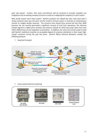 pack 
and 
prevail. 
Further, 
that 
same 
commitment 
will 
be 
essential 
to 
actually 
complete 
any 
integration 
into 
an 
existing 
company 
structure 
as 
well 
as 
in 
adapting 
the 
company 
to 
a 
joint 
culture. 
Why 
would 
anyone 
want 
these 
assets? 
Nortel's 
products 
are 
indeed 
top 
class, 
they 
have 
built 
a 
strong 
customer 
base 
over 
the 
years 
and 
for 
small 
to 
mid-­‐size 
suitors 
it 
could 
be 
an 
instantaneous 
manner 
to 
roughly 
double 
revenues. 
The 
concerns 
here 
should 
focus 
around 
the 
fact 
that: 
MEN 
business 
has 
not 
recently 
generated 
a 
significant 
amount 
of 
cash 
from 
operations, 
the 
ethernet 
market 
segment 
is 
highly 
price 
sensitive 
and 
revenue 
outlook 
for 
2010 
may 
prove 
lower 
(less 
than 
USD 
$ 
1Billion) 
due 
to 
any 
integration 
uncertainties. 
In 
addition, 
the 
suitor 
has 
to 
have 
a 
plan 
to 
deal 
with 
Nortel’s 
inability 
to 
maintain 
an 
acceptable 
degree 
of 
customer 
satisfaction 
in 
their 
major 
high-­‐ 
margin 
customers 
during 
the 
past 
few 
years. 
Nortel's 
Metro 
Ethernet 
Networks 
includes 
the 
following 
products 
21 
• long-­‐haul 
transport 
• metro 
optical 
ethernet 
switching 
 