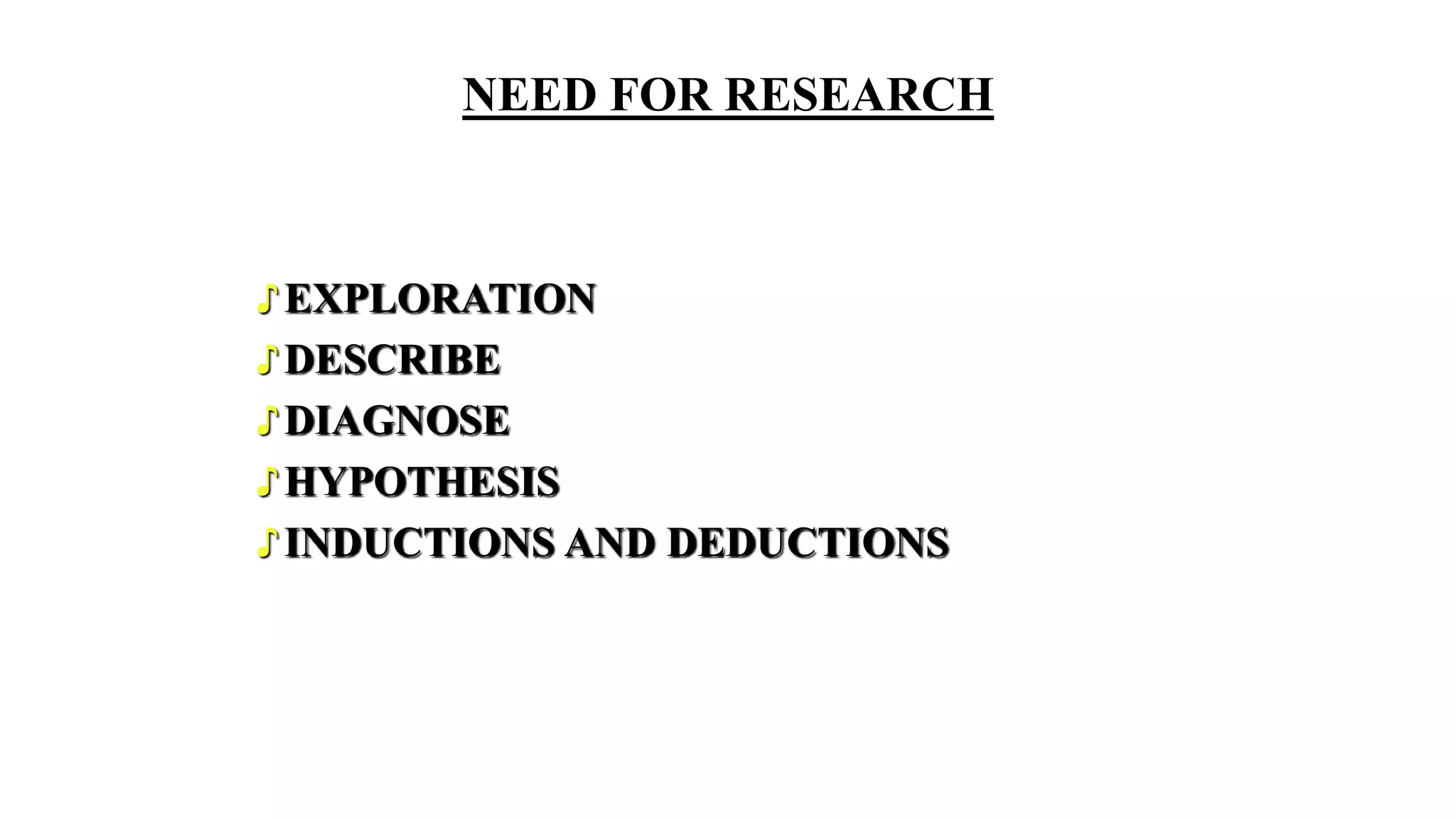 NEED FOR RESEARCH
♪EXPLORATION
♪DESCRIBE
♪DIAGNOSE
♪HYPOTHESIS
♪INDUCTIONS AND DEDUCTIONS
 